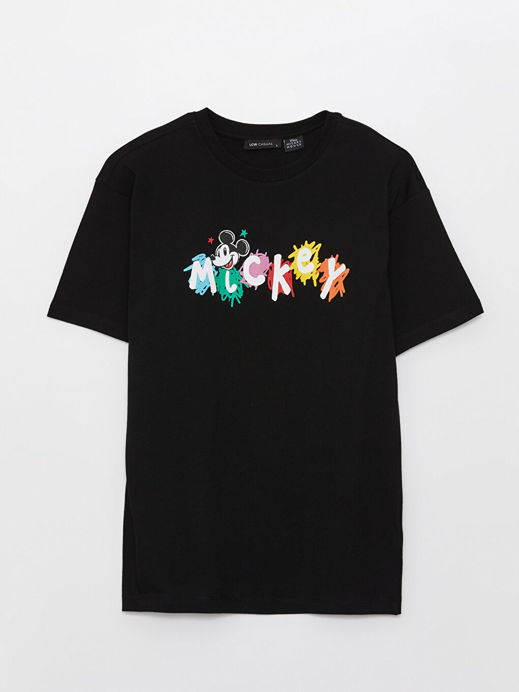 Siyah Bisiklet Yaka Mickey Mouse Baskılı Kısa Kollu Kadın Tişört-6