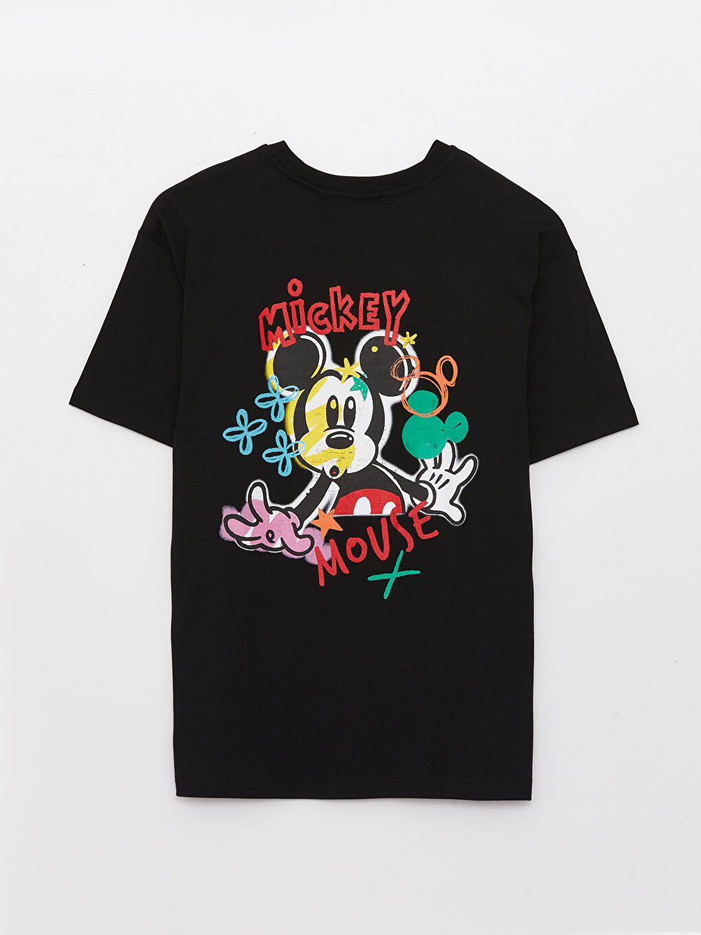 Siyah Bisiklet Yaka Mickey Mouse Baskılı Kısa Kollu Kadın Tişört-7