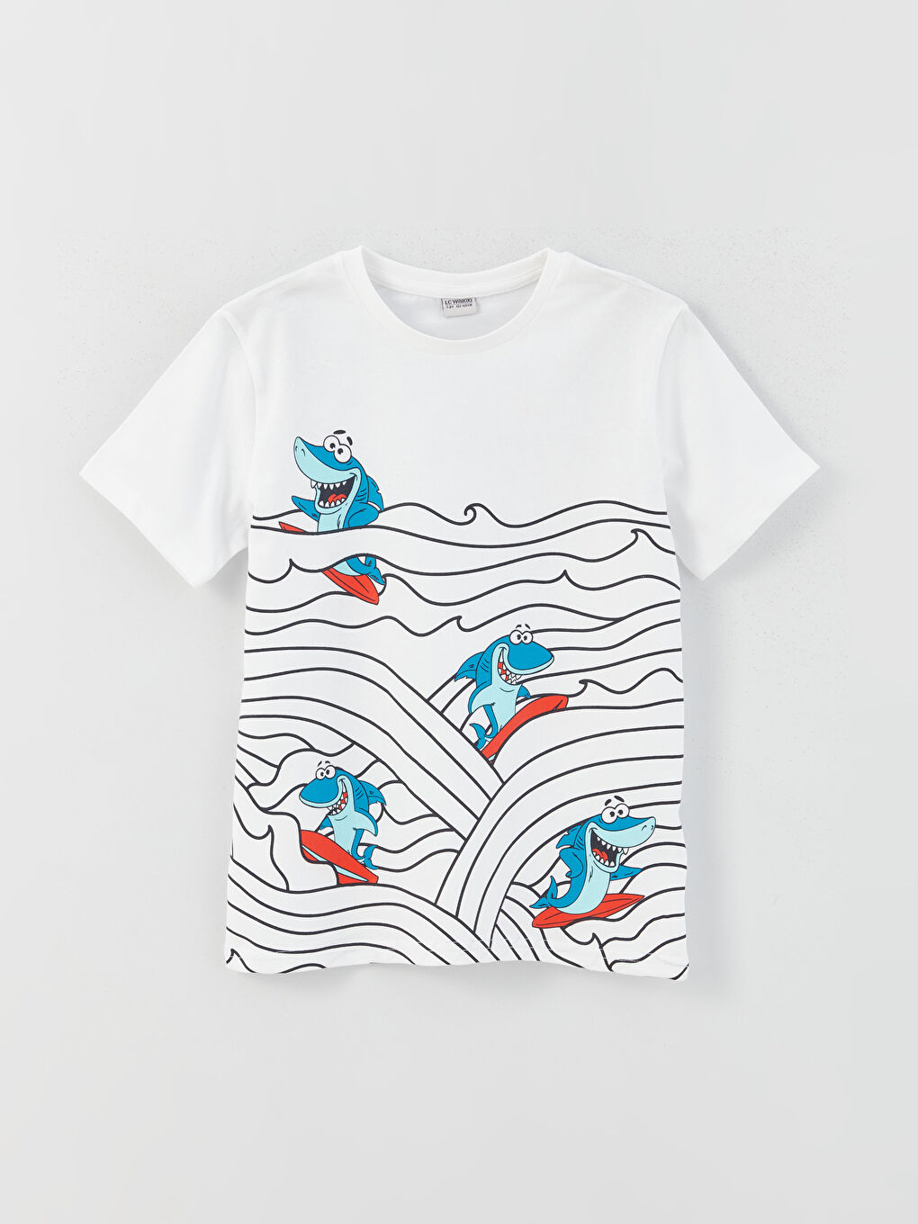 Beyaz Bisiklet Yaka Baskılı Kısa Kollu Erkek Çocuk Tişört