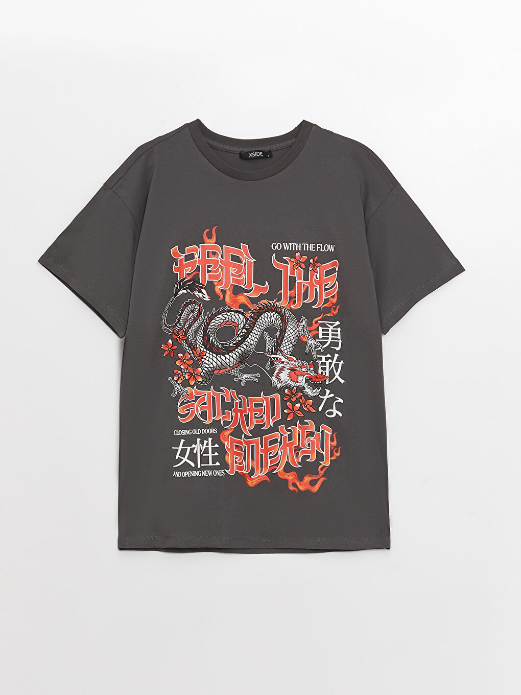 Antrasit Bisiklet Yaka Baskılı Kısa Kollu Kadın Tişört-5