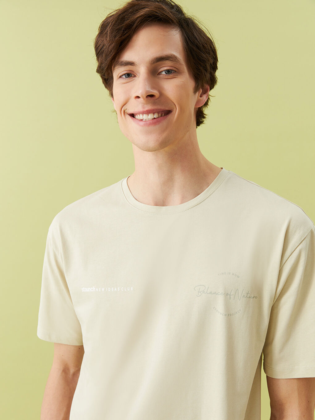 Bej Bisiklet Yaka Kısa Kollu Baskılı Penye Erkek Tişört-2