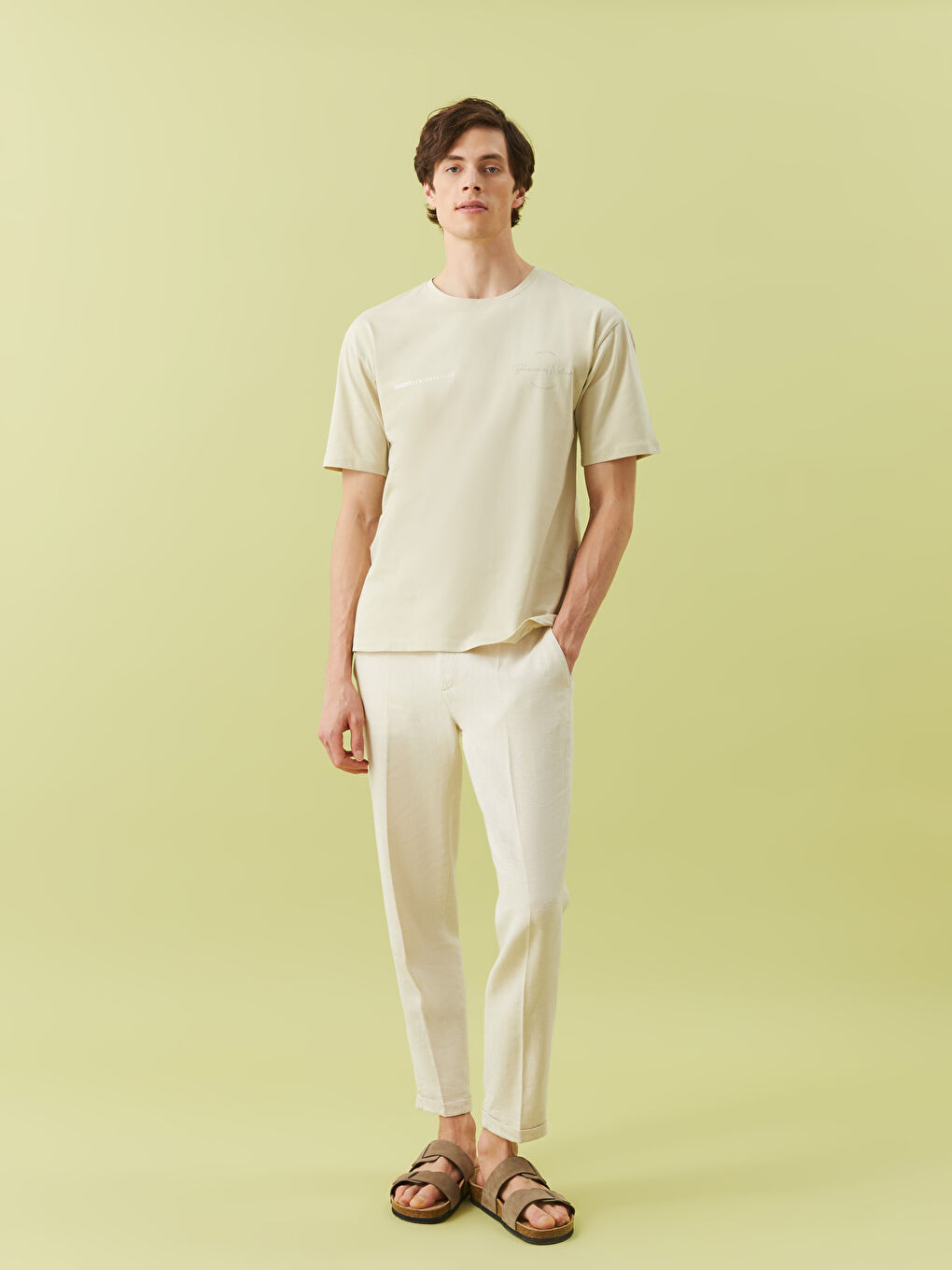 Bej Bisiklet Yaka Kısa Kollu Baskılı Penye Erkek Tişört-4