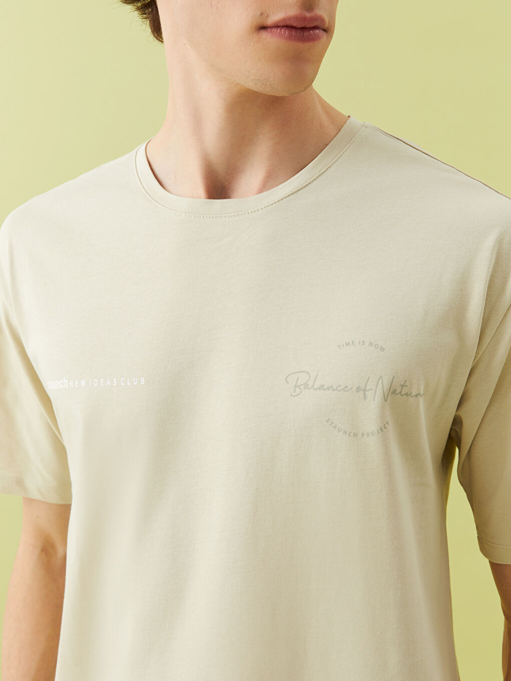 Bej Bisiklet Yaka Kısa Kollu Baskılı Penye Erkek Tişört-6