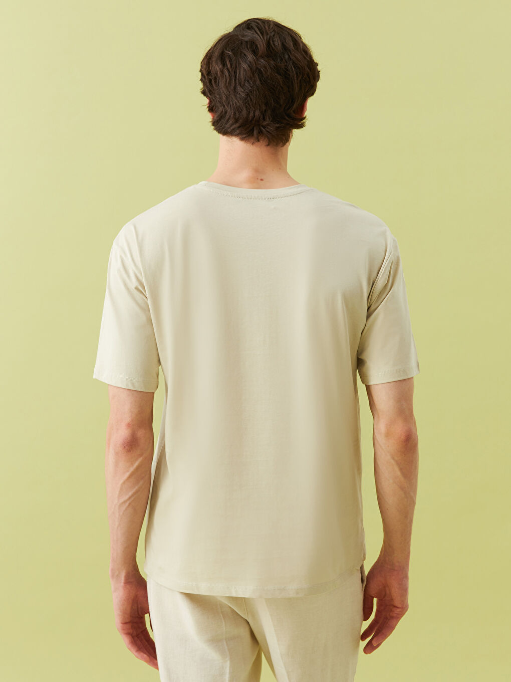 Bej Bisiklet Yaka Kısa Kollu Baskılı Penye Erkek Tişört-8