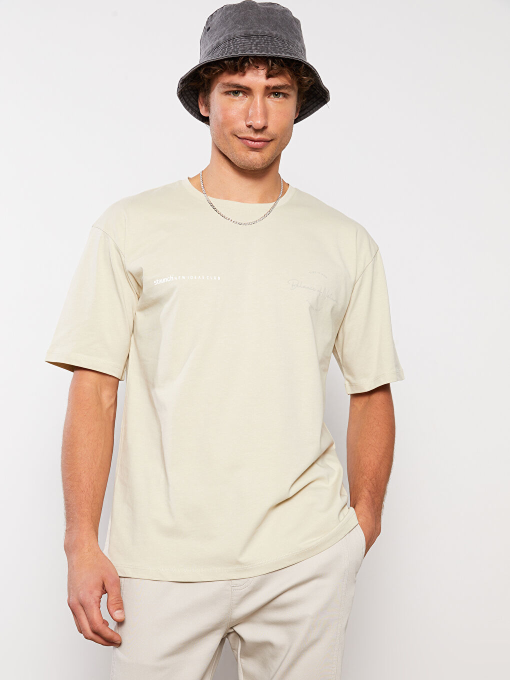 Bej Bisiklet Yaka Kısa Kollu Baskılı Penye Erkek Tişört-1