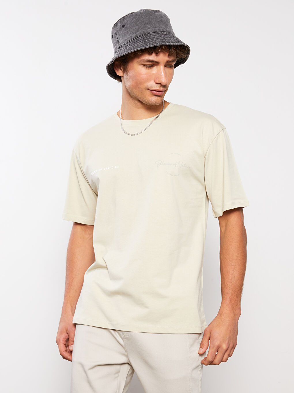 Bej Bisiklet Yaka Kısa Kollu Baskılı Penye Erkek Tişört-5