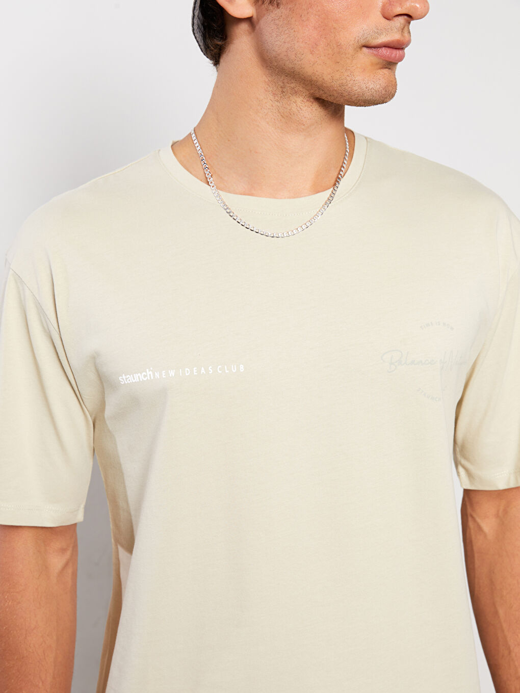Bej Bisiklet Yaka Kısa Kollu Baskılı Penye Erkek Tişört-7