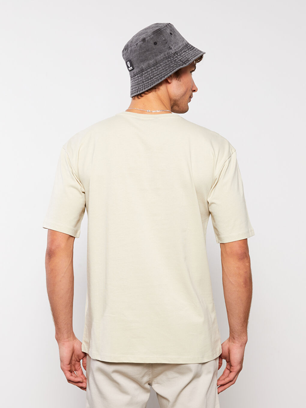 Bej Bisiklet Yaka Kısa Kollu Baskılı Penye Erkek Tişört-9