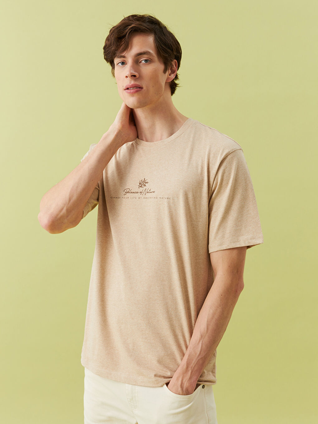 Kahverengi Bisiklet Yaka Kısa Kollu Baskılı Penye Erkek Tişört