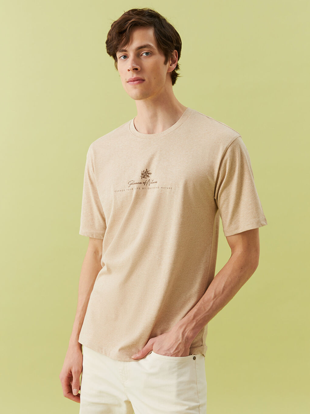 Kahverengi Bisiklet Yaka Kısa Kollu Baskılı Penye Erkek Tişört-2