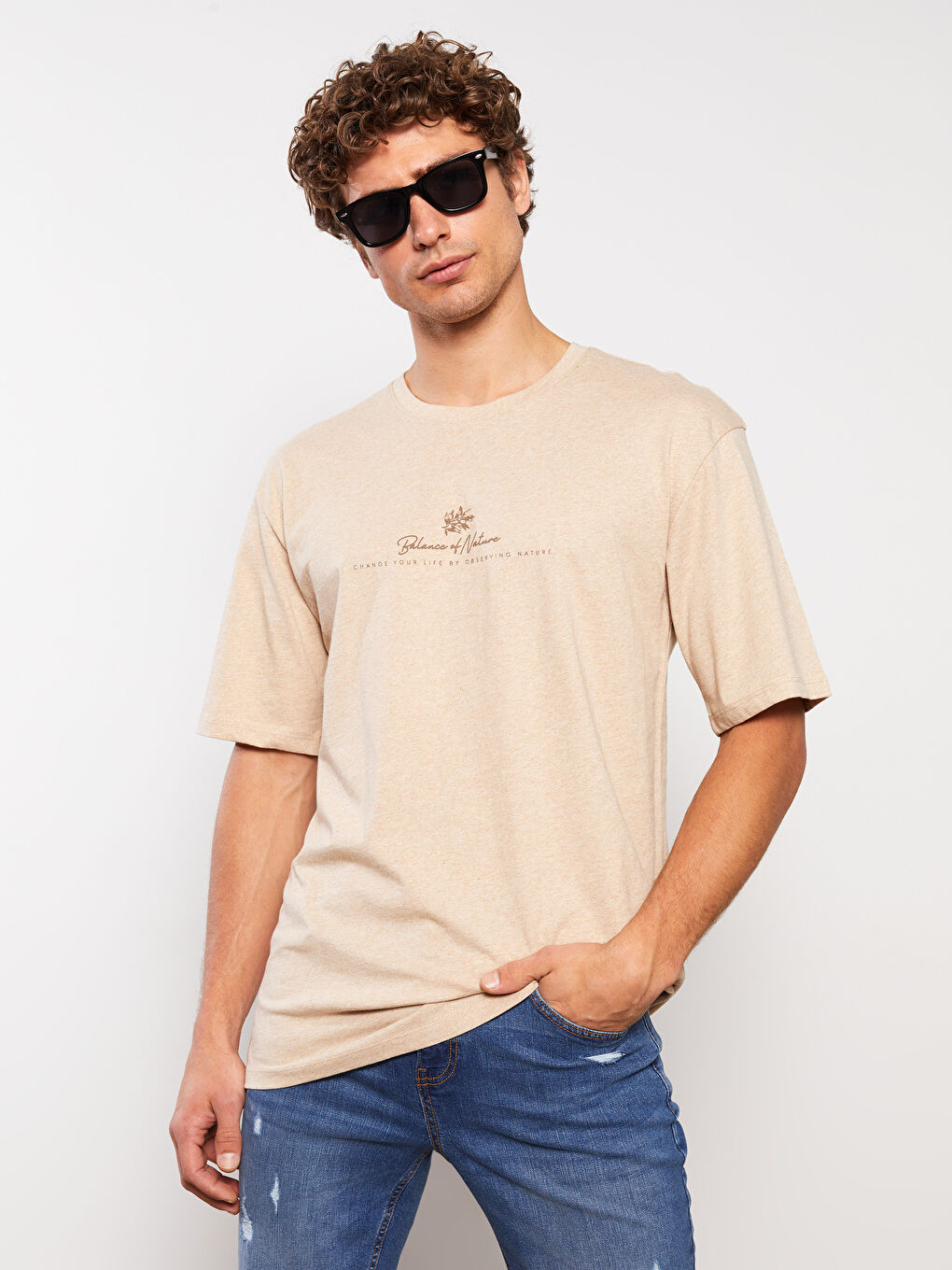 Kahverengi Bisiklet Yaka Kısa Kollu Baskılı Penye Erkek Tişört-1