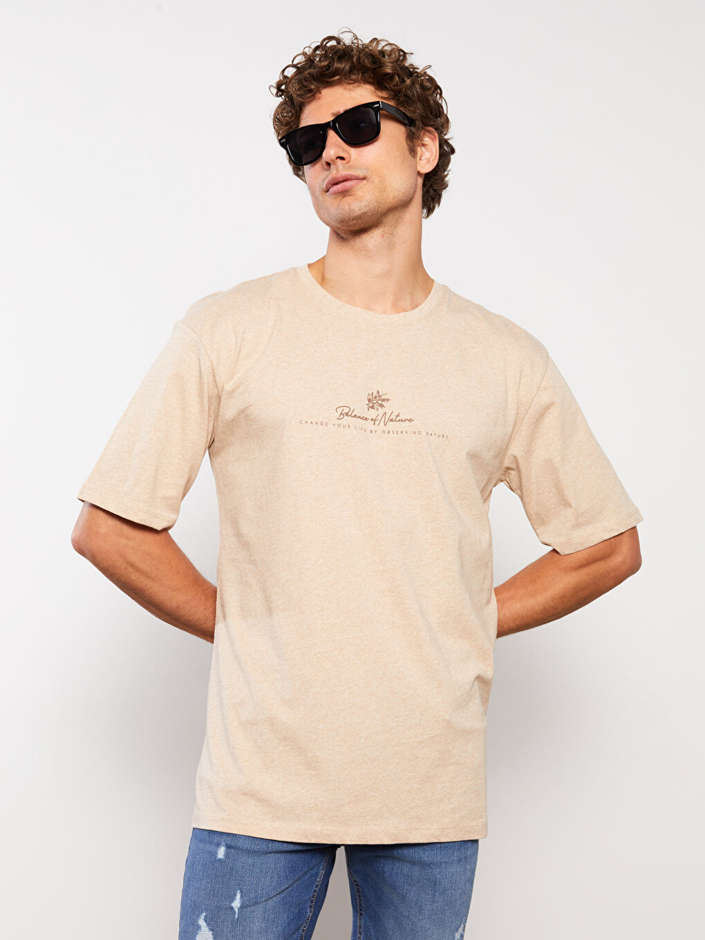 Kahverengi Bisiklet Yaka Kısa Kollu Baskılı Penye Erkek Tişört-5