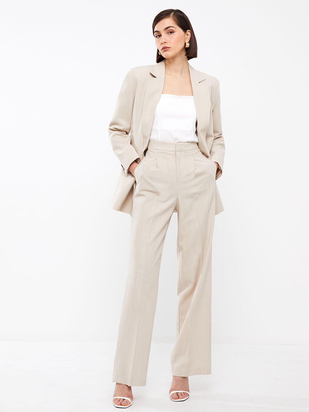 Bej Yüksek Bel Rahat Kalıp Kadın Pantolon