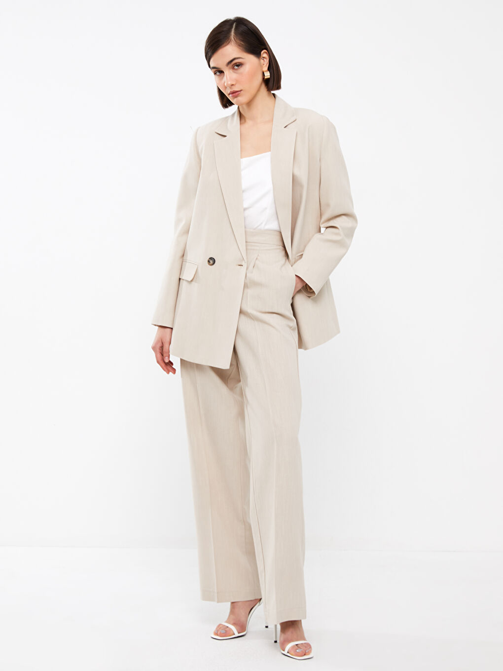 Bej Yüksek Bel Rahat Kalıp Kadın Pantolon-1