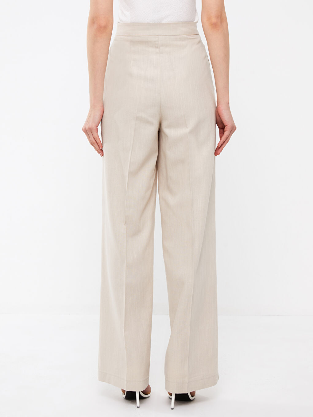 Bej Yüksek Bel Rahat Kalıp Kadın Pantolon-2