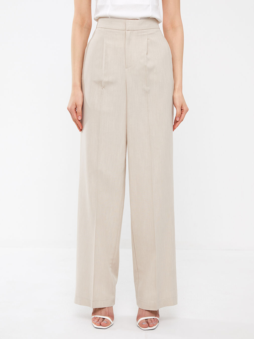 Bej Yüksek Bel Rahat Kalıp Kadın Pantolon-3