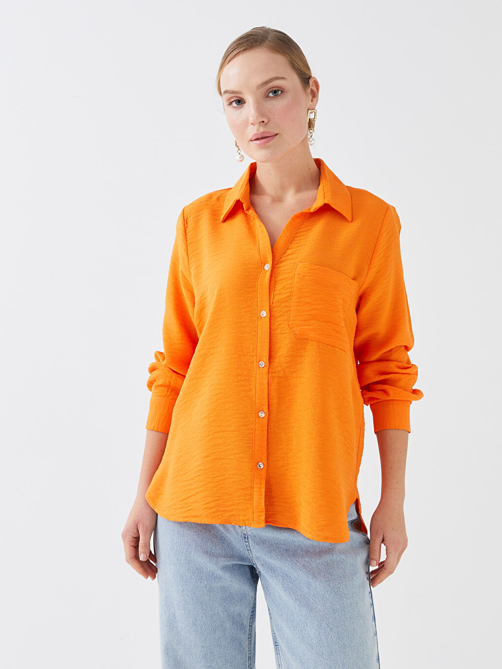 Turuncu Cep Detaylı Uzun Kollu Kadın Gömlek