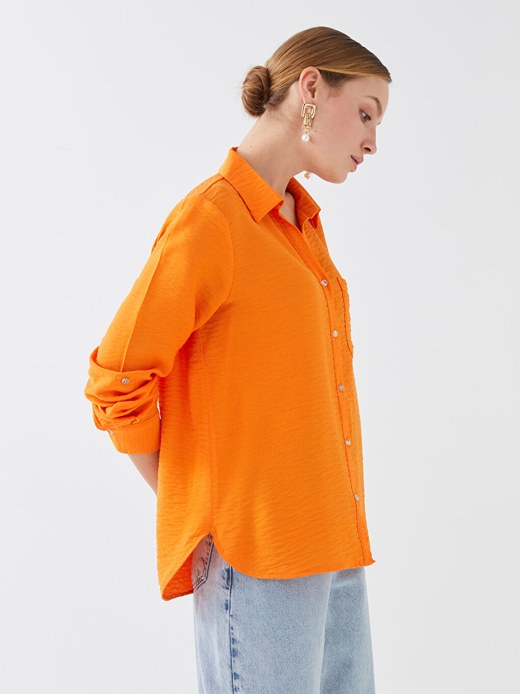 Turuncu Cep Detaylı Uzun Kollu Kadın Gömlek-1