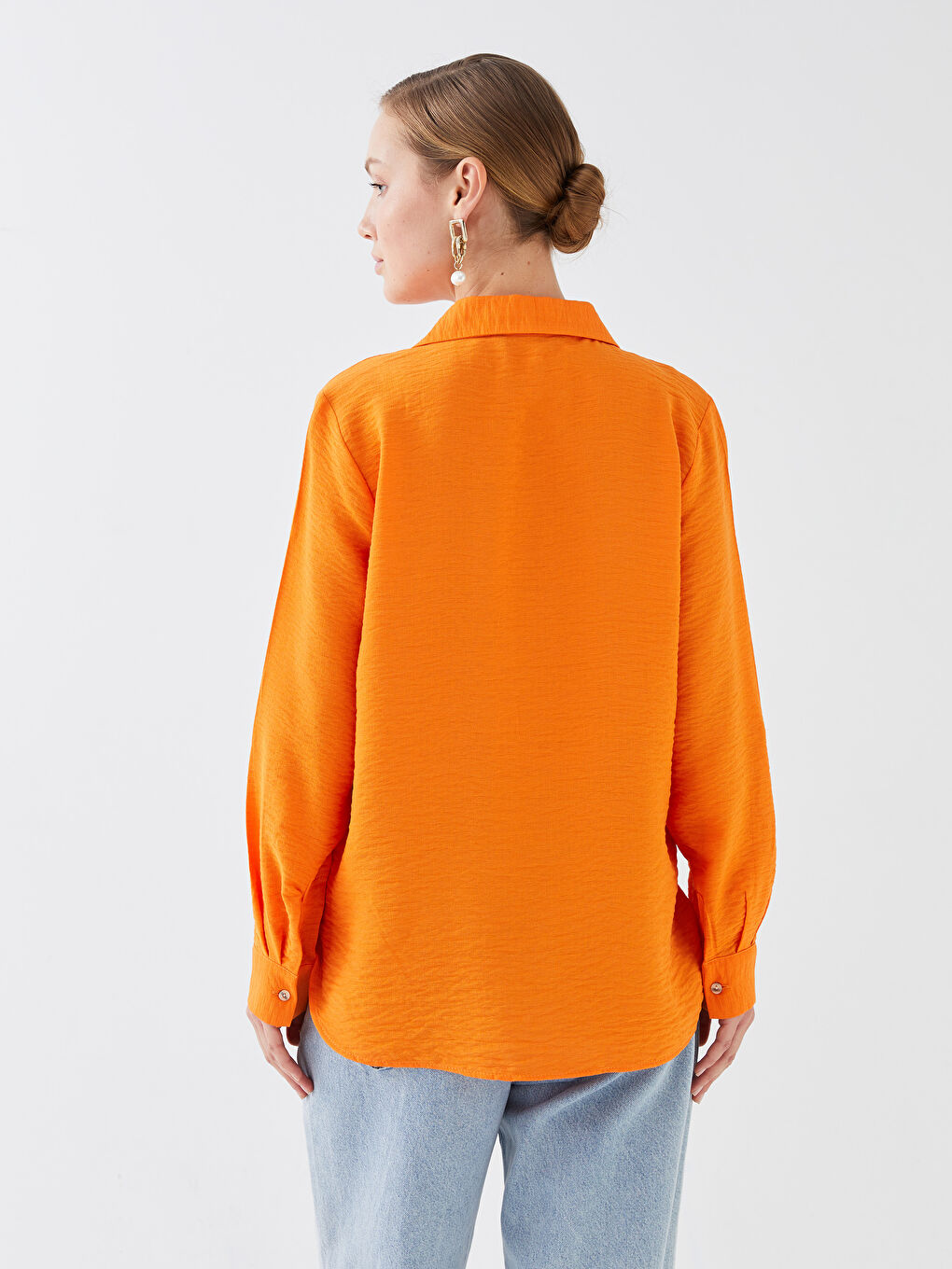 Turuncu Cep Detaylı Uzun Kollu Kadın Gömlek-4