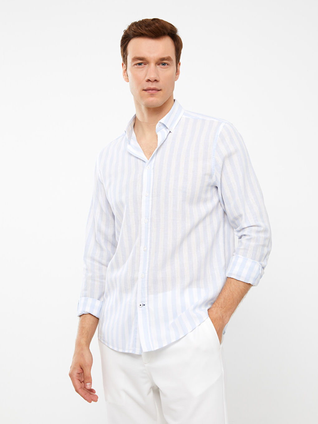 Mavi Regular Fit Uzun Kollu Çizgili Keten Karışımlı Erkek Gömlek