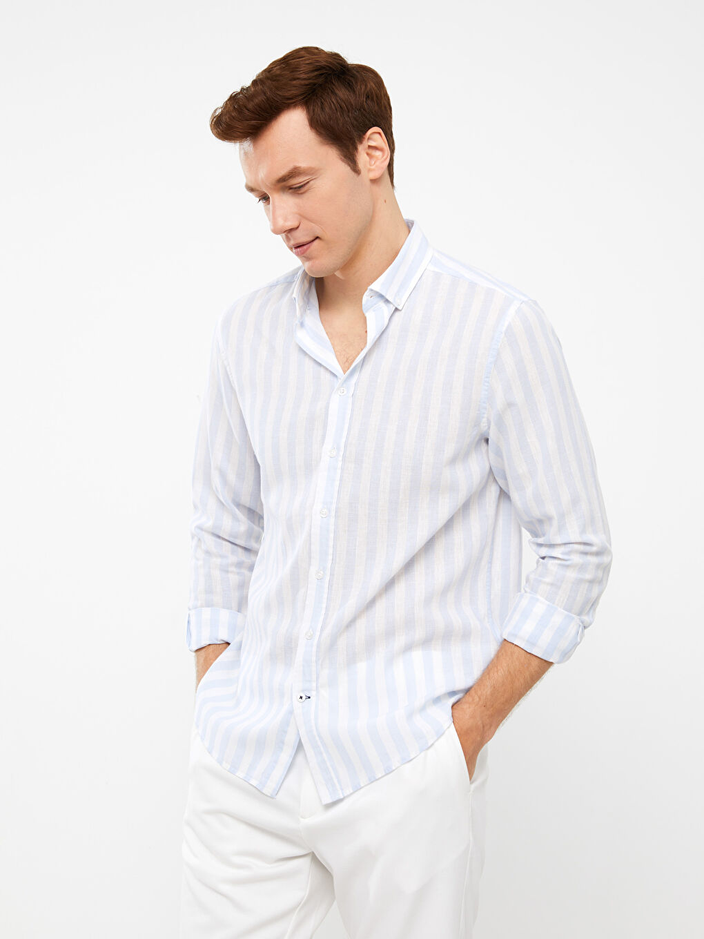 Mavi Regular Fit Uzun Kollu Çizgili Keten Karışımlı Erkek Gömlek-1