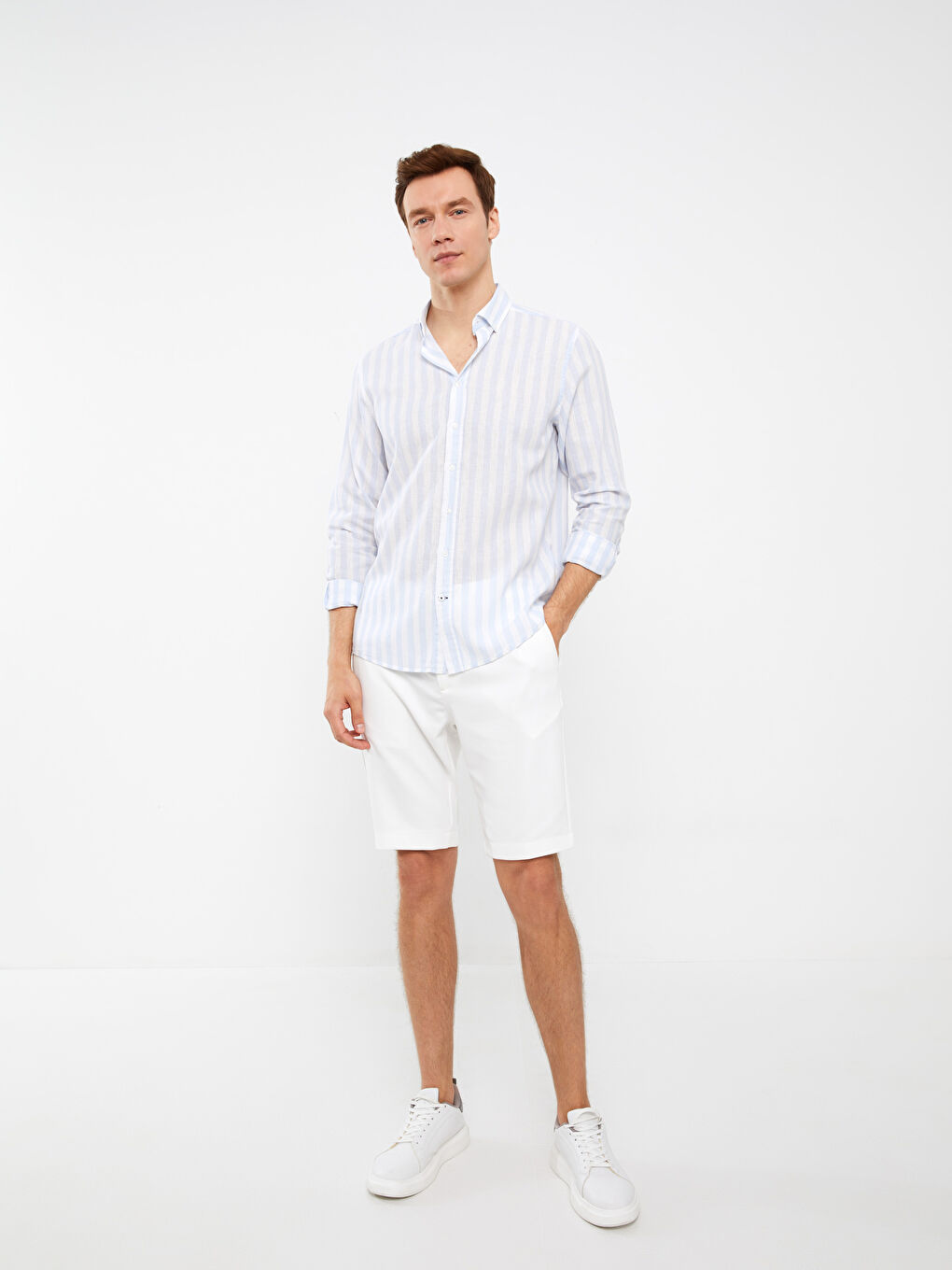 Mavi Regular Fit Uzun Kollu Çizgili Keten Karışımlı Erkek Gömlek-2