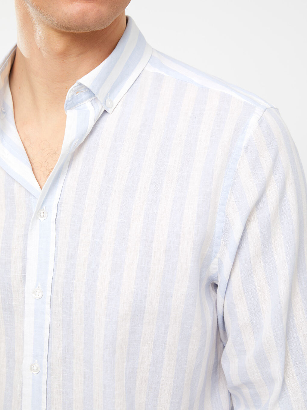 Mavi Regular Fit Uzun Kollu Çizgili Keten Karışımlı Erkek Gömlek-3