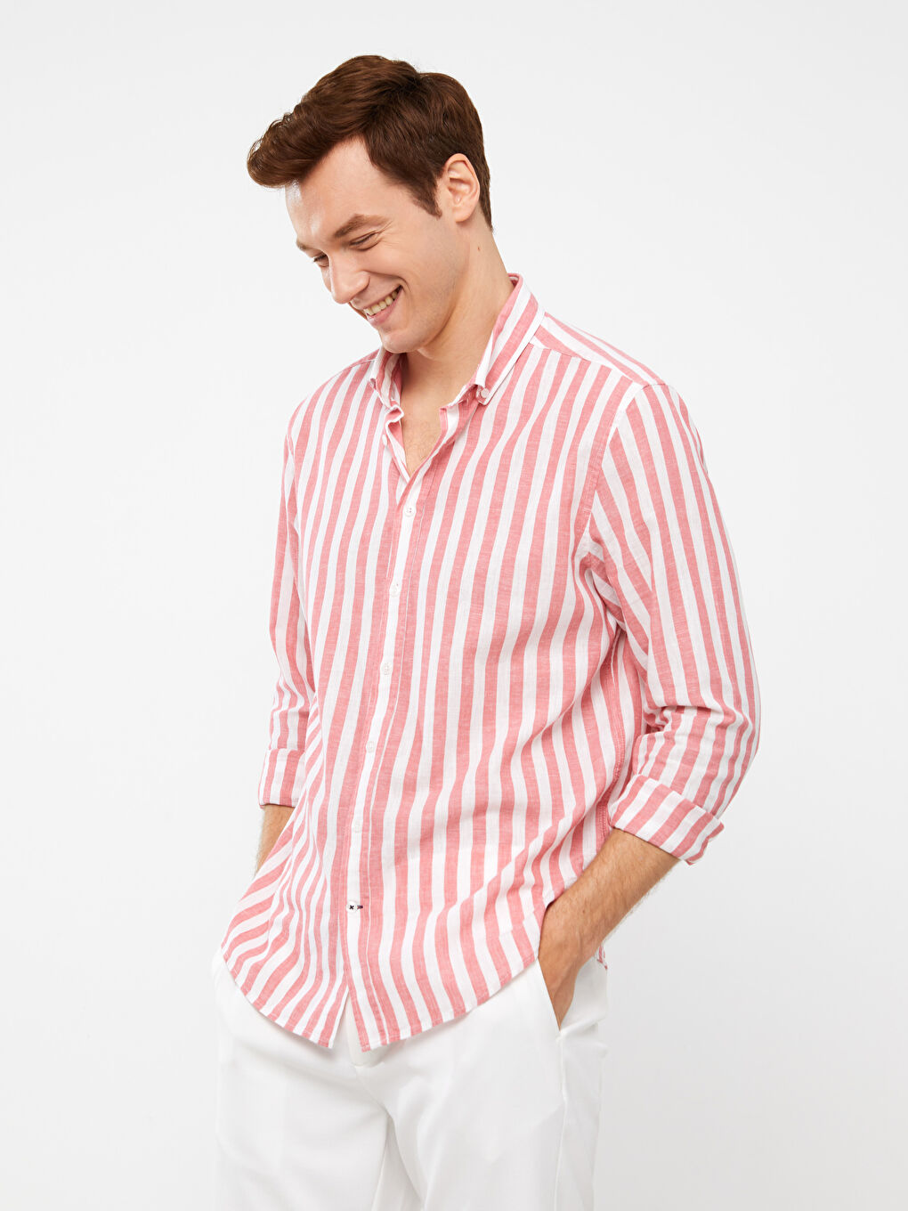 Chemise pour Hommes en Mélange de Lin à Rayures, Manches Longues, Coupe Régulière