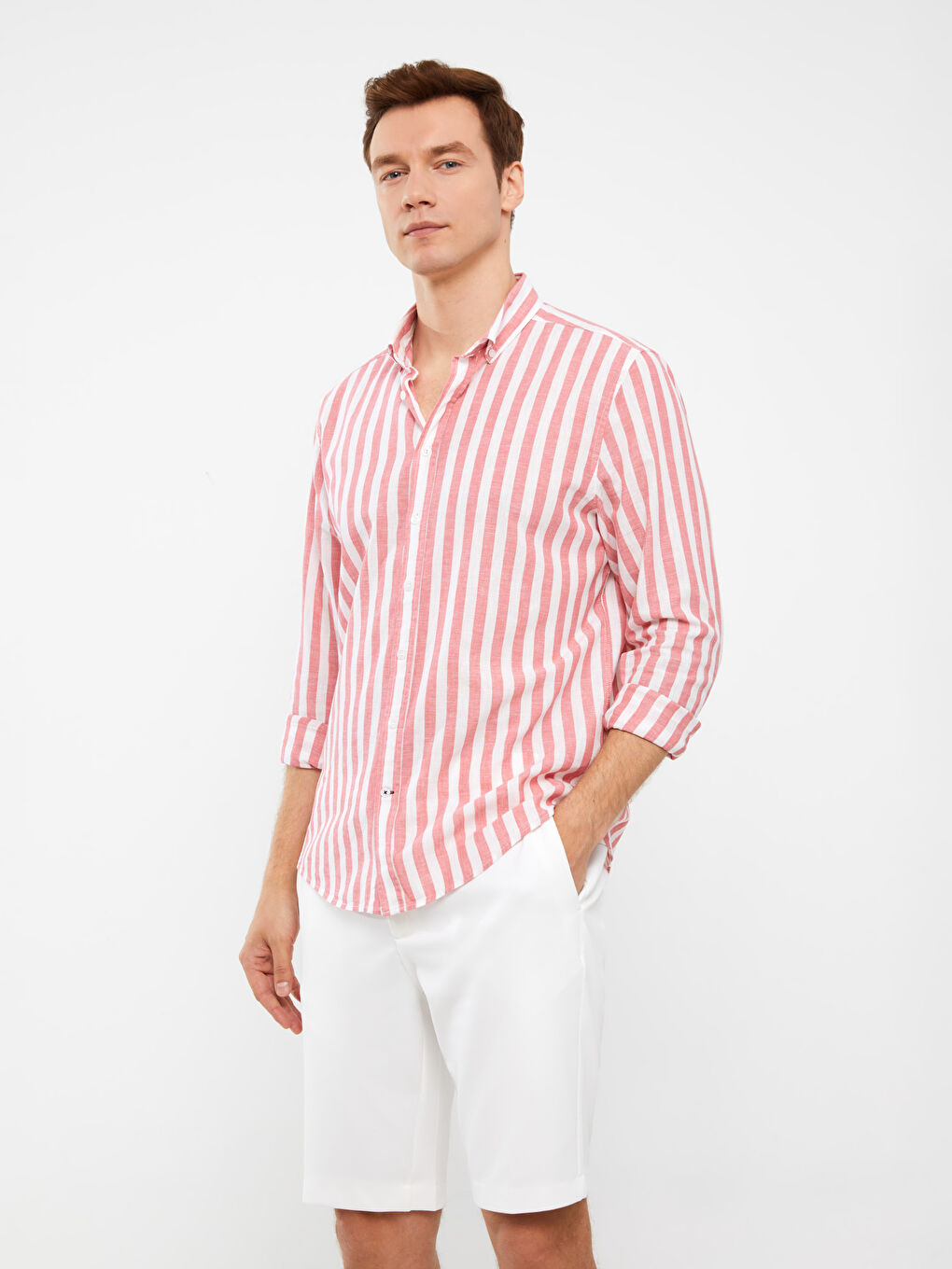 Chemise pour Hommes en Mélange de Lin à Rayures, Manches Longues, Coupe Régulière-1