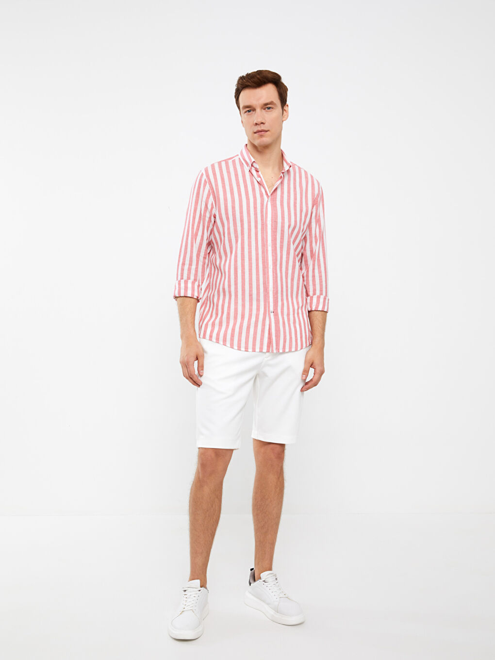 Chemise pour Hommes en Mélange de Lin à Rayures, Manches Longues, Coupe Régulière-2