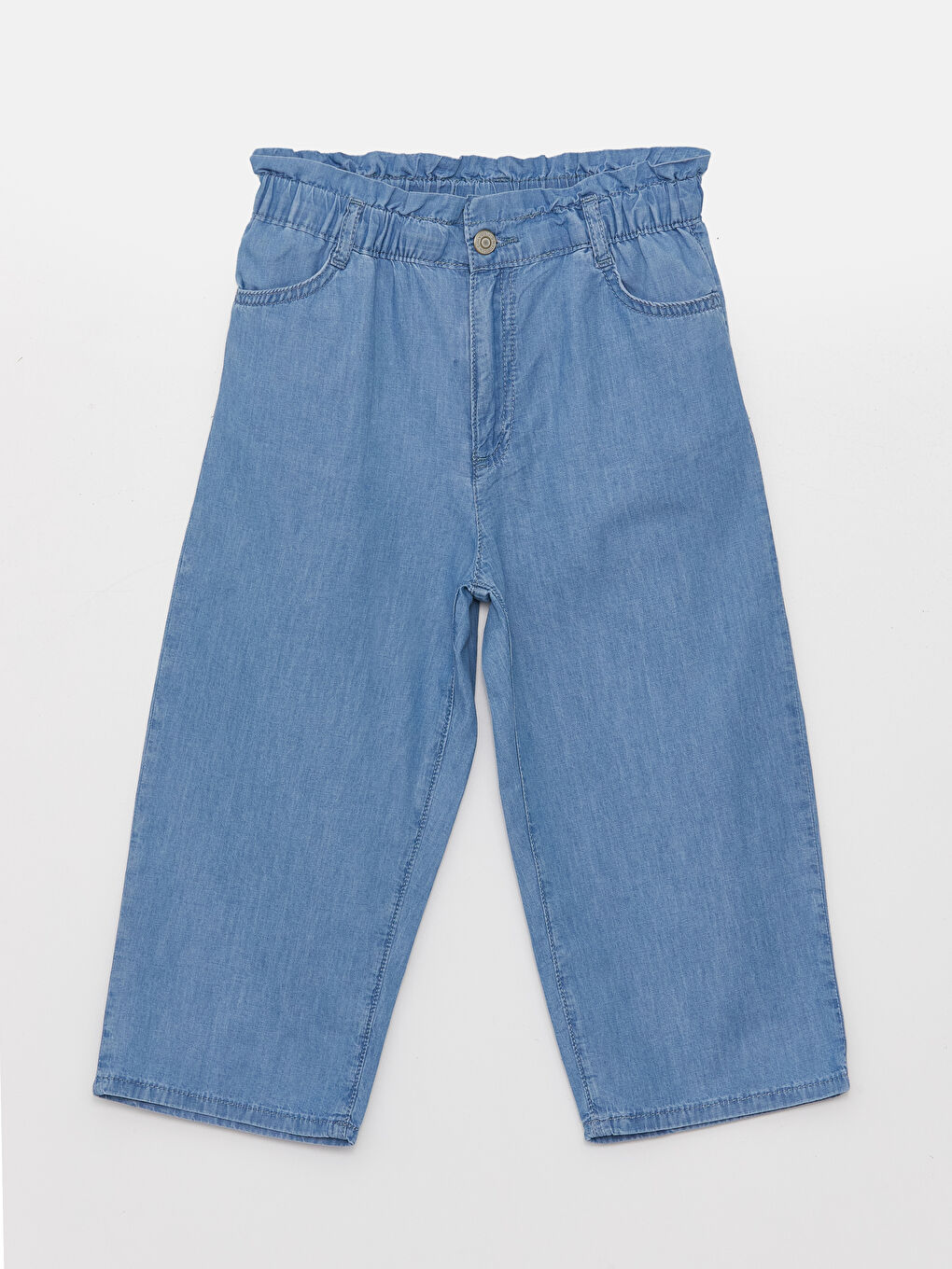 İndigo Beli Lastikli Kız Çocuk Jean Kapri