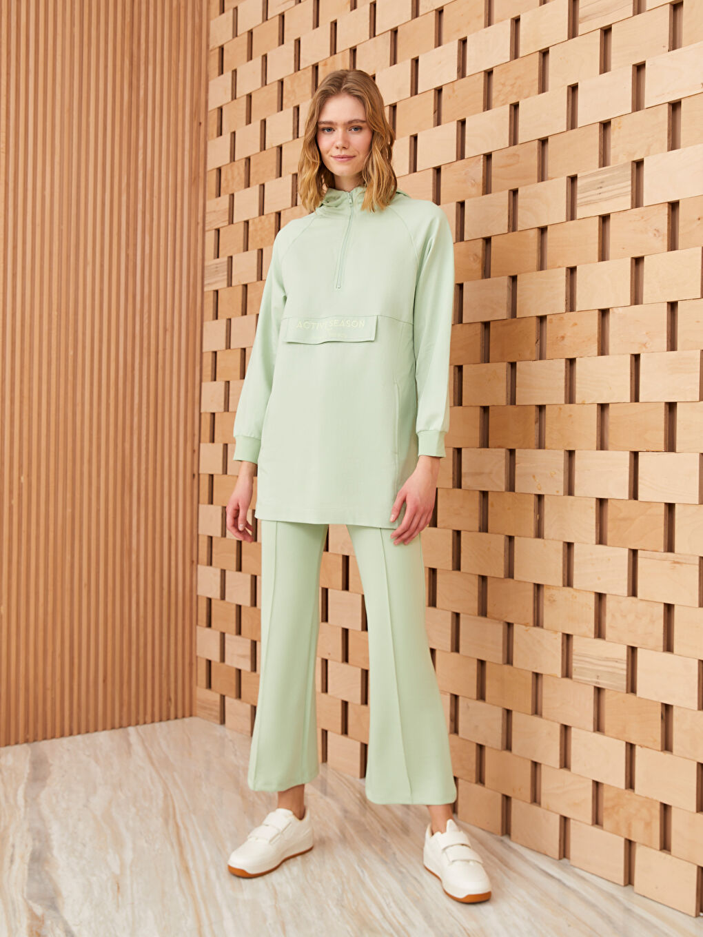 Yeşil Kapüşonlu Baskılı Oversize Kadın Sweatshirt Tunik-2