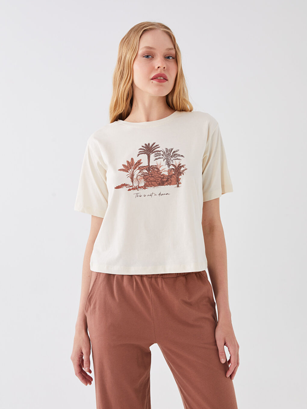 Kahverengi Bisiklet Yaka Baskılı Kısa Kollu Kadın Kaprili Pijama Takımı-1