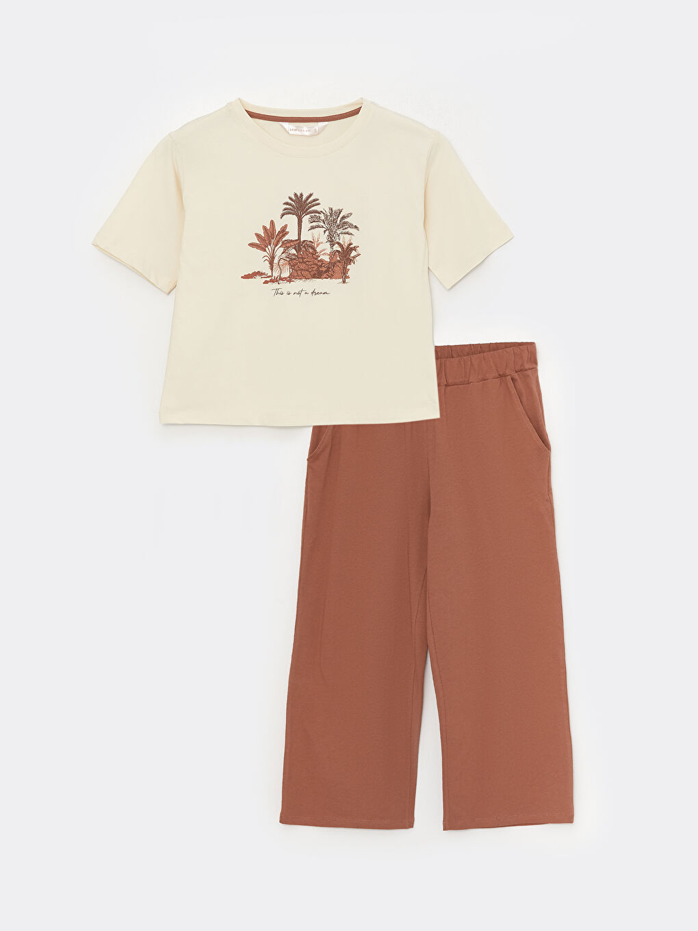 Kahverengi Bisiklet Yaka Baskılı Kısa Kollu Kadın Kaprili Pijama Takımı-5