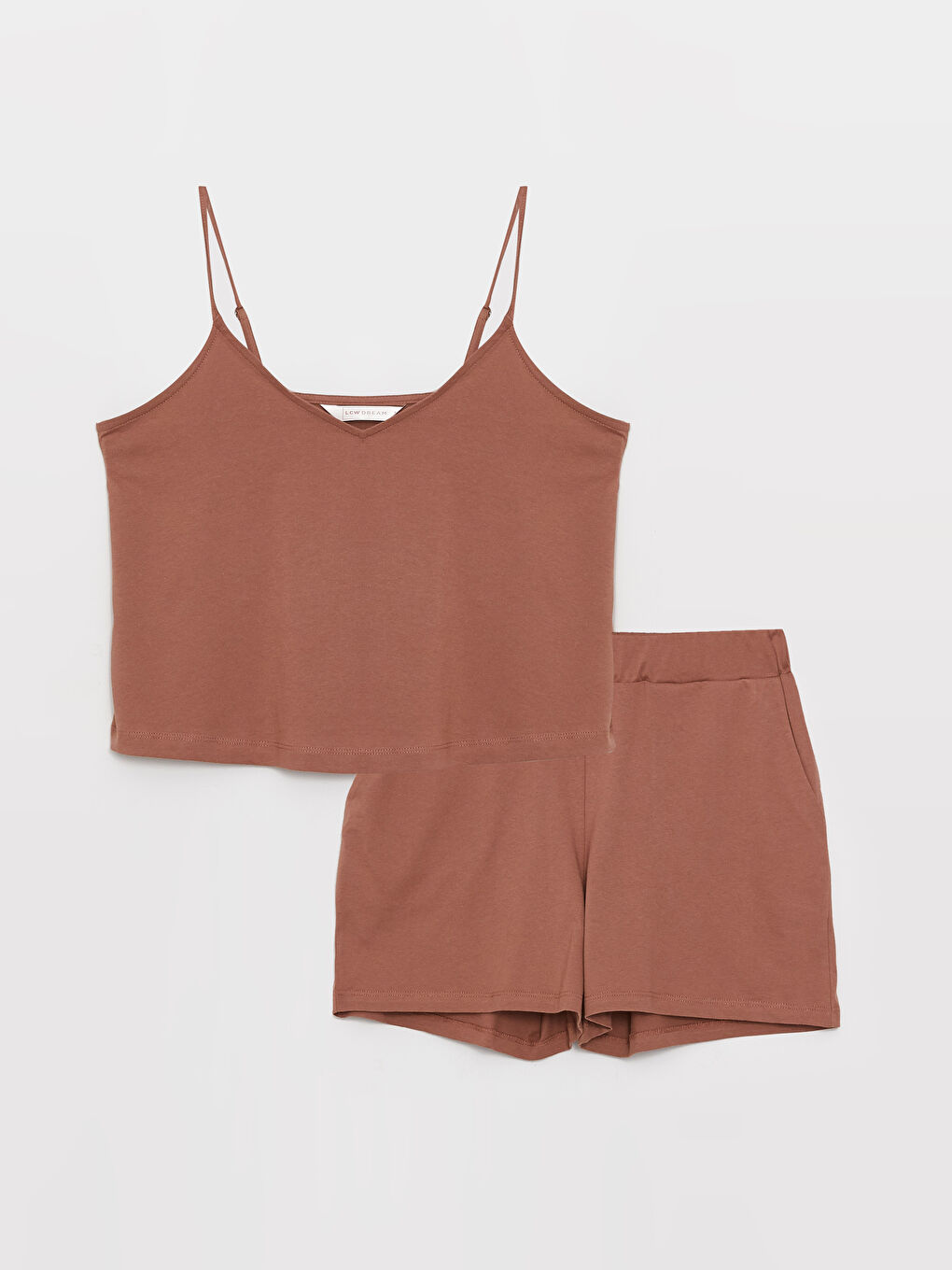 Kahverengi V Yaka Düz Askılı Kadın Şortlu Pijama Takımı-5