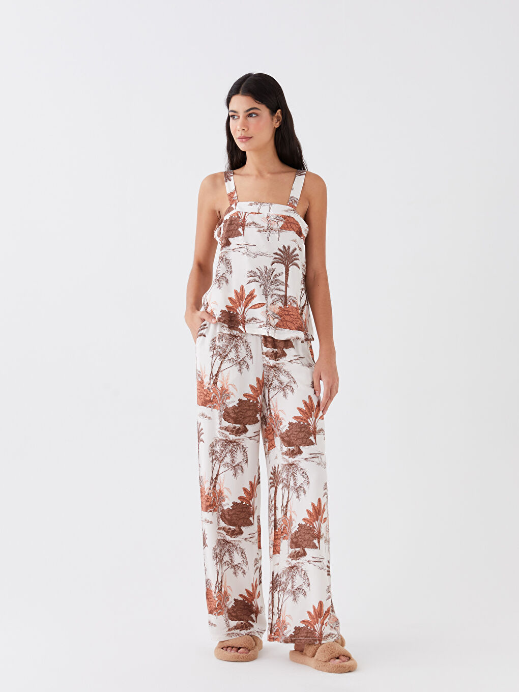 Square Collar Patterned Strap Women's Pajamas Set