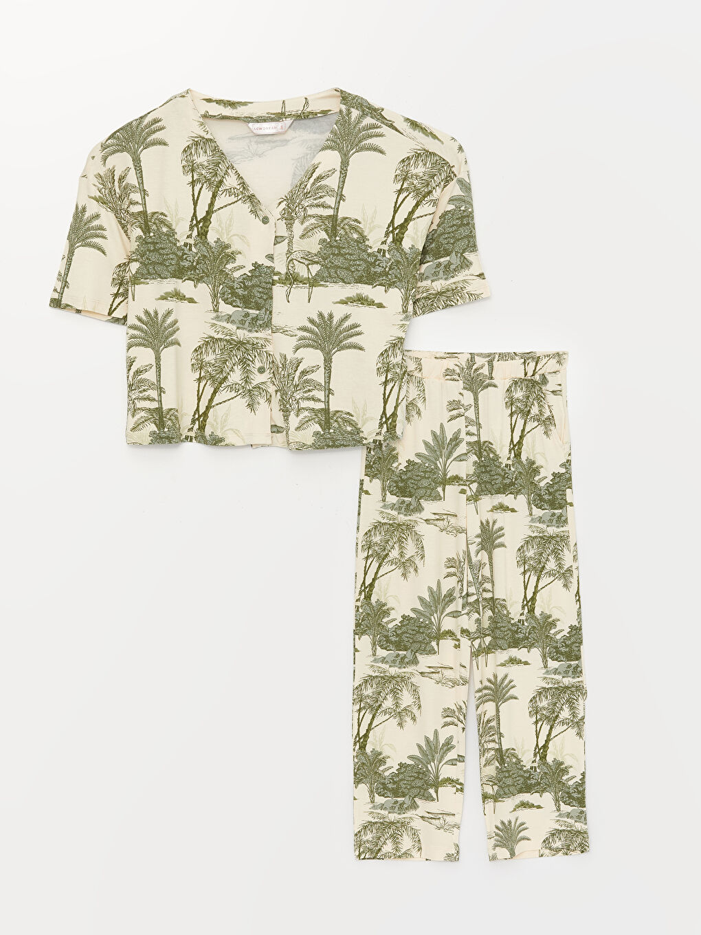 Haki V Yaka Desenli Kısa Kollu Kadın Pijama Takımı