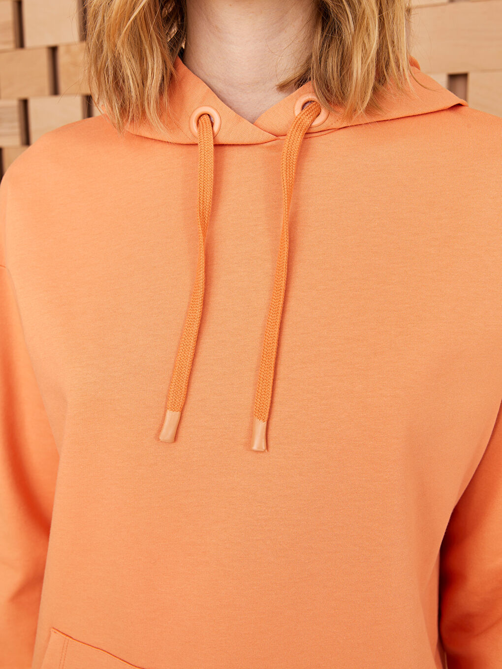Turuncu Kapüşonlu Düz Uzun Kollu Kadın Sweatshirt Tunik-3