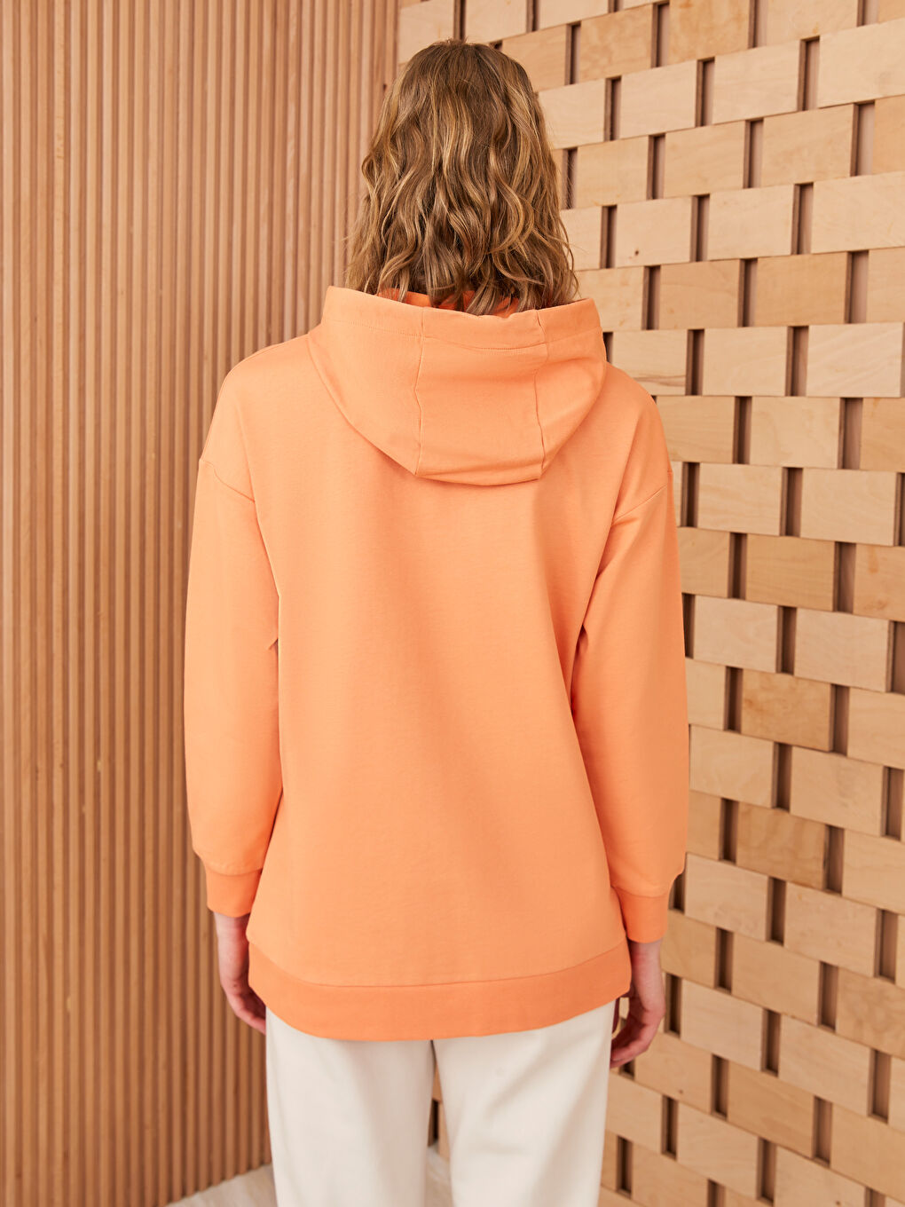 Turuncu Kapüşonlu Düz Uzun Kollu Kadın Sweatshirt Tunik-4