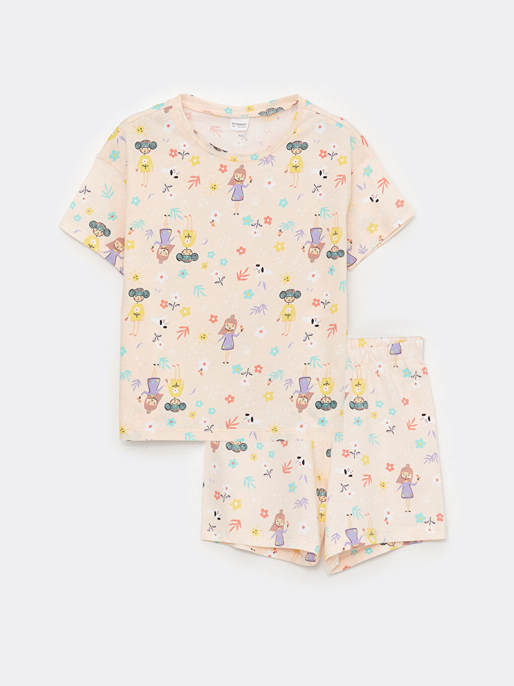 Pembe Bisiklet Yaka Baskılı Kısa Kollu Kız Çocuk Şortlu Pijama Takımı