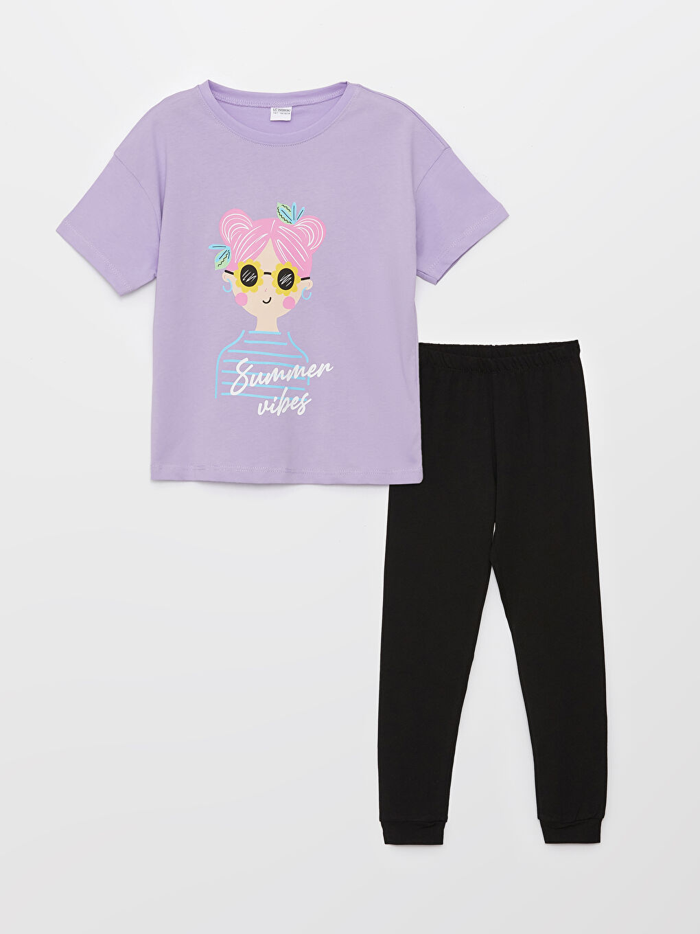 Crew Neck Printed Short Sleeve Girls' Pyjama Set
