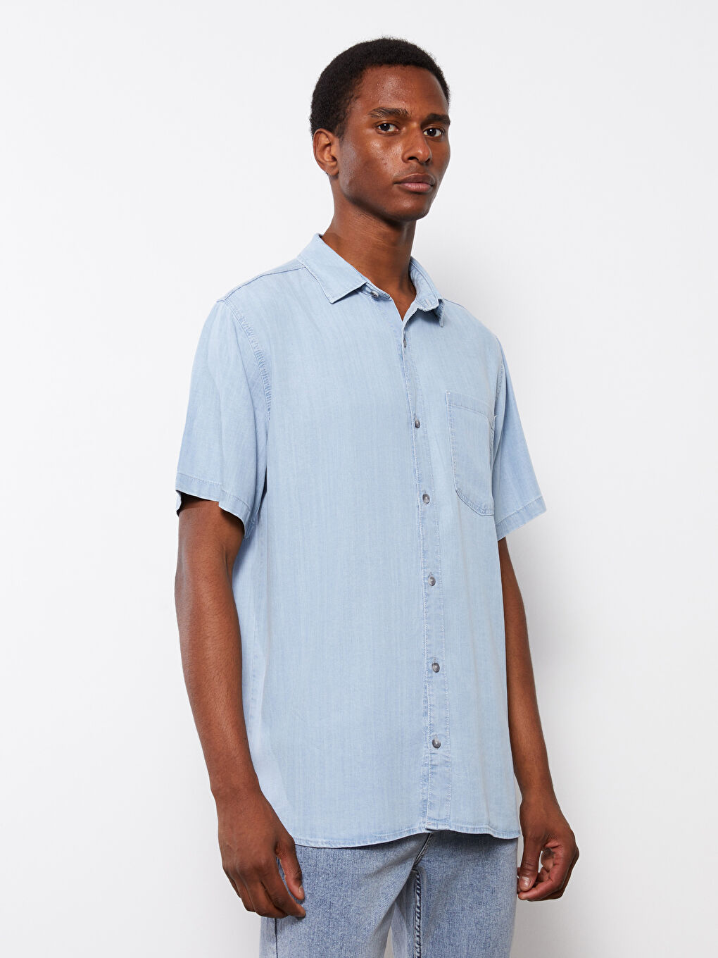 İndigo Rahat Kalıp Kısa Kollu Erkek Jean Gömlek-2