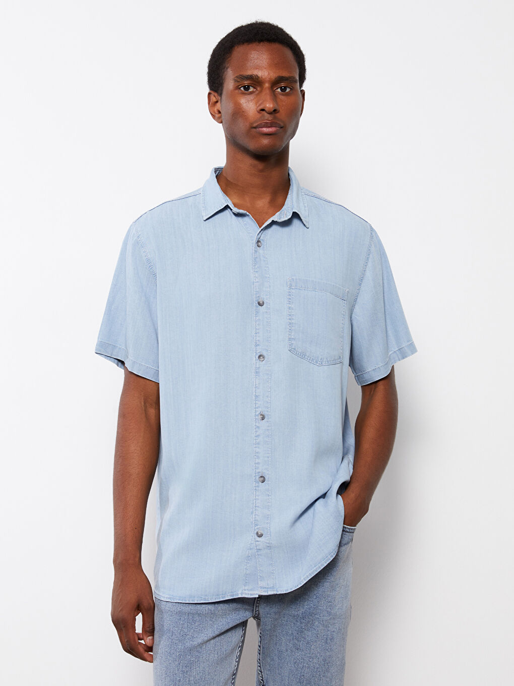 İndigo Rahat Kalıp Kısa Kollu Erkek Jean Gömlek-3