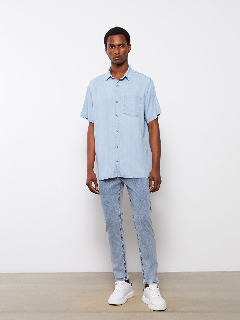 İndigo Rahat Kalıp Kısa Kollu Erkek Jean Gömlek-4
