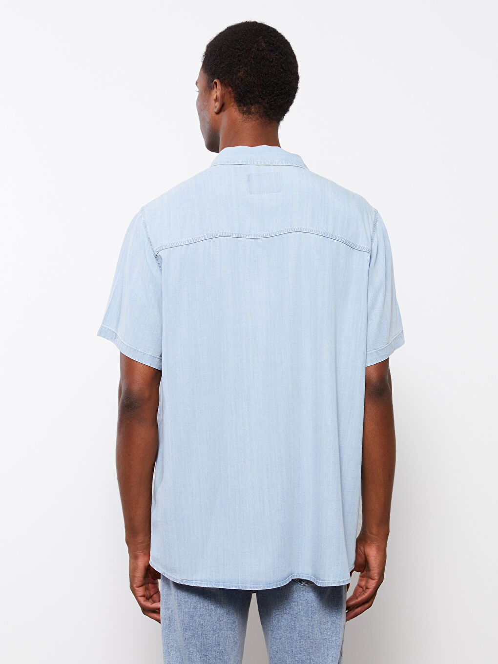 İndigo Rahat Kalıp Kısa Kollu Erkek Jean Gömlek-6