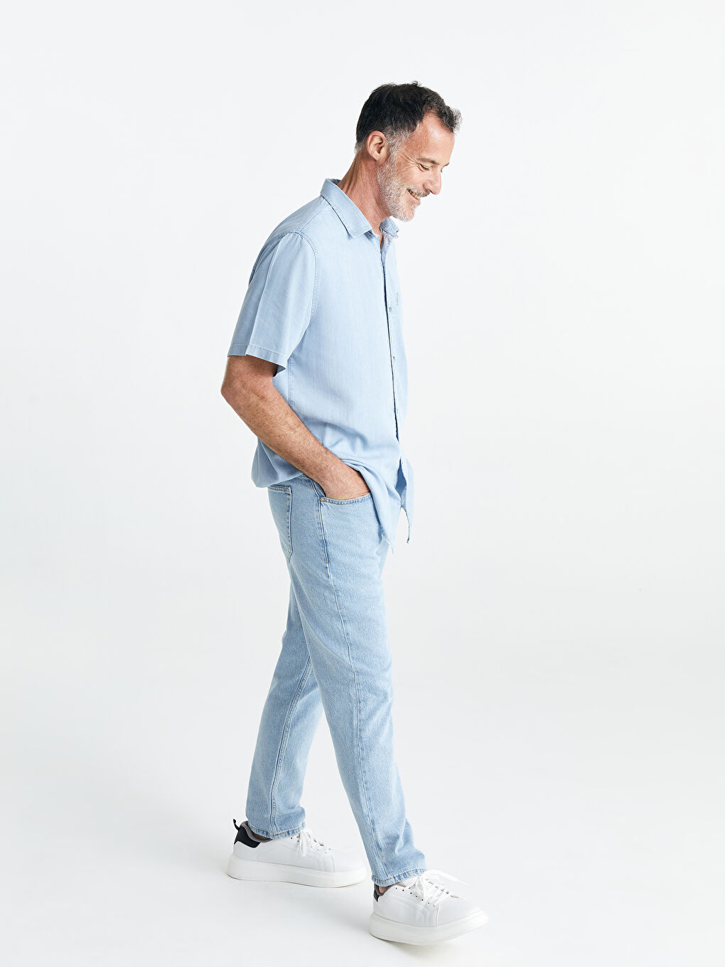 İndigo Rahat Kalıp Kısa Kollu Erkek Jean Gömlek-1