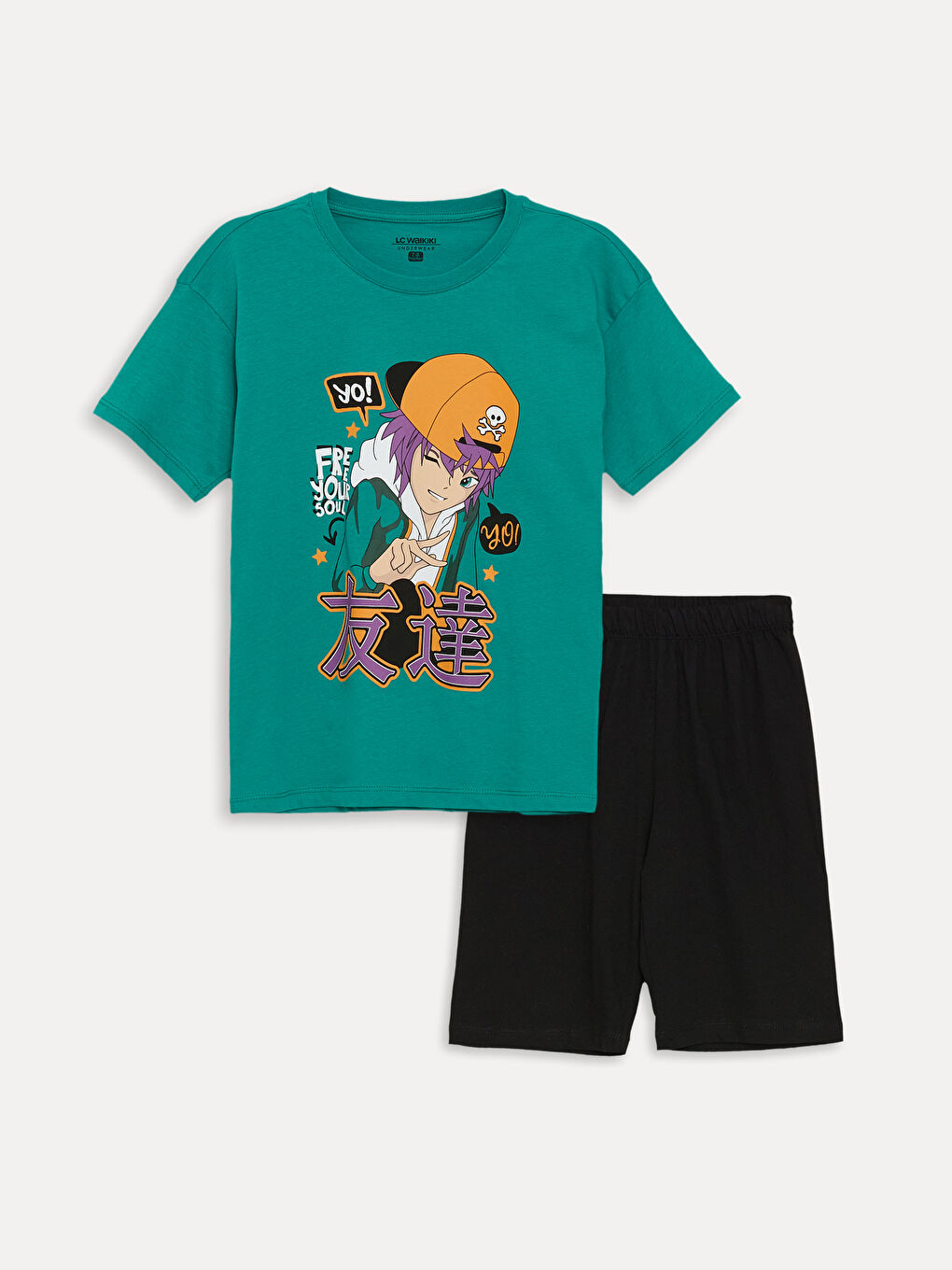 طقم بيجامة شورت بأكمام قصيرة مطبوع بياقة دائرية للأولاد