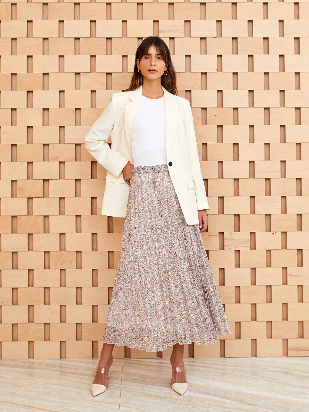 Bej Beli Lastikli Desenli Şifon Kadın Pileli Etek