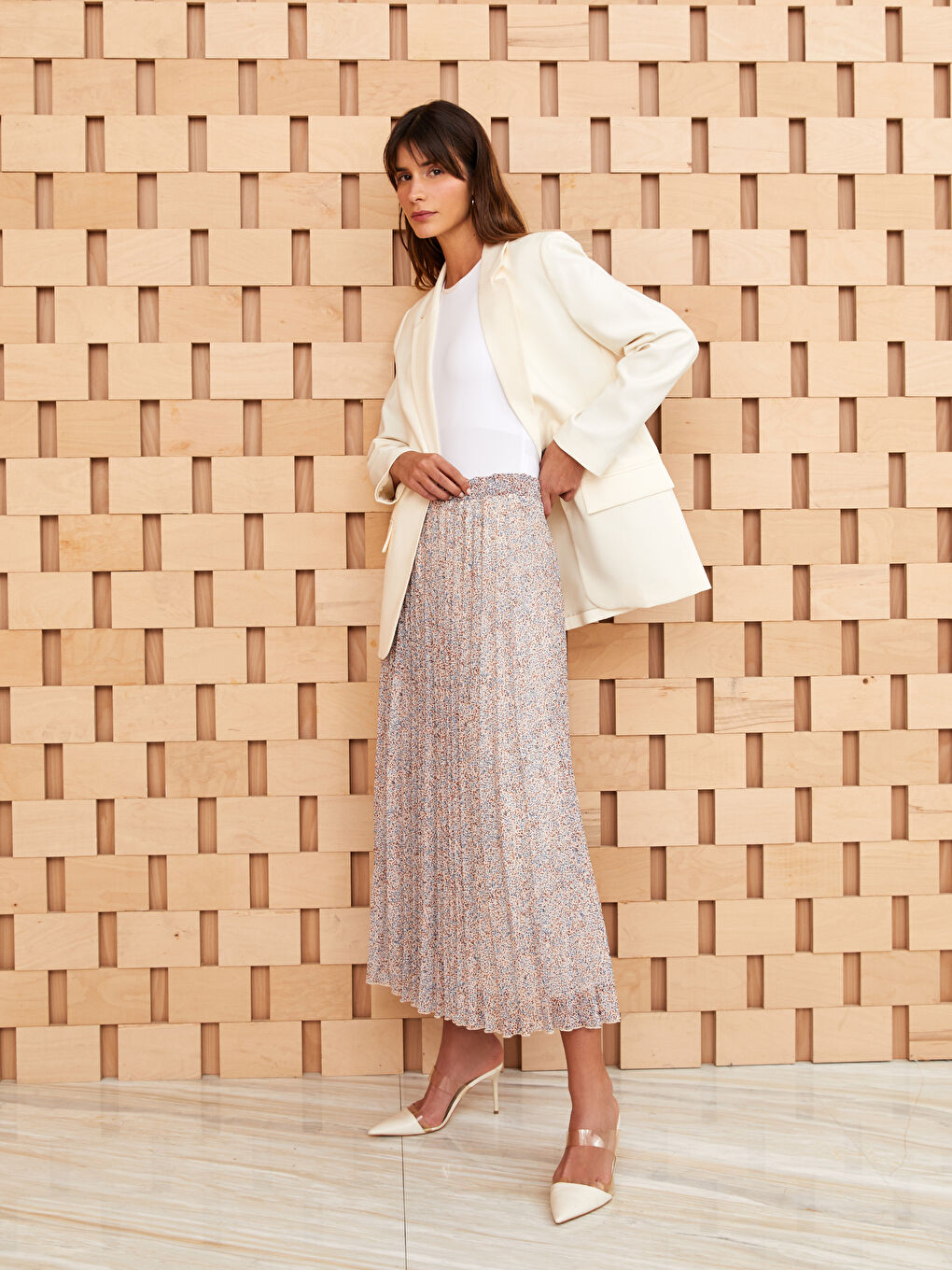 Bej Beli Lastikli Desenli Şifon Kadın Pileli Etek-1