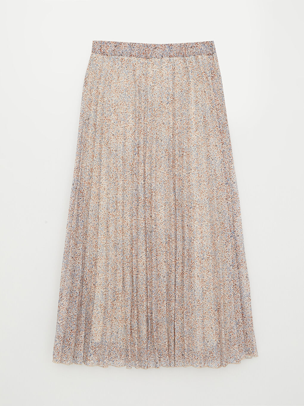 Bej Beli Lastikli Desenli Şifon Kadın Pileli Etek-5